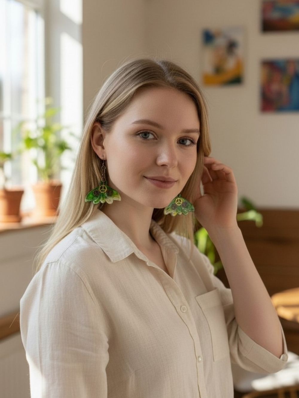 Steampunk Green Ombre Resin Moth Gear Dangle Earrings - Picture 3 of 4